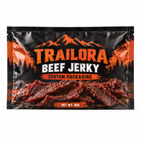 Sachet d'emballage personnalisé pour bœuf séché, pochette plate à trois soudures latérales pour snacks à base de viande avec film haute barrière et impression personnalisée