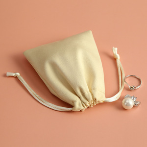 Velvet <b>Drawstring</b> Bag Beige Suede Rectangular Jewelry Storage <b>Pouch</b> With Printing For Rings Earrings Gifts Packaging - Product Image 1