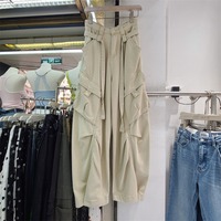 Nouveau Pantalon Cargo Plissé Ample et Décontracté pour Femme, Taille Élastiquée, Coupe Large, Chic et Quotidien, Bleu Délavé, Collection Automne 2026 – Vente en Gros