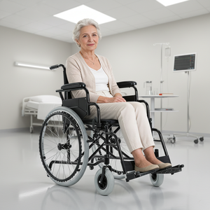 Professioneller manueller Rollstuhl mit breiten Vorderrädern und hochklappbaren Armlehnen für medizinische Einrichtungen - Product Image 1