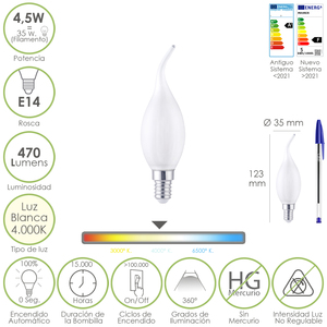E14 Frosted Flame Candle Filament LED <b>Bulb</b>. 4.5 Watt. Equivalent to 35 Watt. 470 Lumens. Neutral <b>White</b> 4000K. - Product Image 1