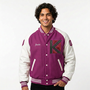 KVJ102 Custom Wool Varsity <b>Jacket</b> for <b>Men</b> Collarless Design with Embroidery Decoration Raglan Sleeve Chenille Patches for Winter - Product Image 3