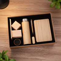 Ensemble cadeau éco-responsable en bambou avec logo personnalisé : haut-parleur, clé USB, bloc-notes, stylo