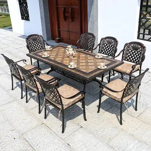 Juego de mesa de comedor Mesas y sillas de restaurante de jardín Venta caliente Muebles de aluminio 8 plazas Mesa de metal para exteriores Fabricante