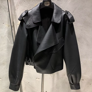 Chaqueta de Cuero de Piel de Oveja Auténtica de Lujo para Mujer, Chaqueta Corta con Solapa Grande Estilo Motero - Product Image 3
