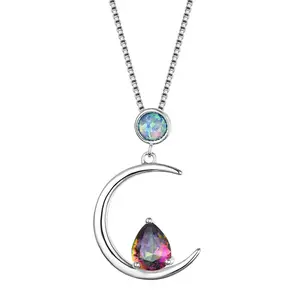 Mystic Rainbow Water Drop Zircon Moon Pendant Necklaces For Women 925 Silver White Blue Fire Opal Necklace Wedding Jewelry