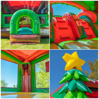 Structure gonflable de Noël avec double toboggan et parcours d'obstacles pour enfants, idéale pour la location commerciale, les fêtes et les événements en extérieur