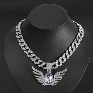 Iced Out Gold Color 15mm Width Cuban Chain With Hip Hop Alloy And Purple Gem Wings Pendant Necklace