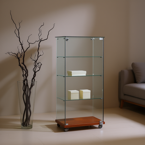 Vitrina Moderna de Vidrio 60x40x140cm con Puerta Abatible con Cerradura, 3 Estantes con Ruedas, Base de Madera de Cerezo, Mueble para Sala de Estar - Product Image 3