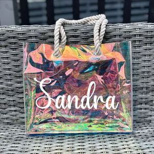 Sac de plage holographique personnalisé, grand format, transparent, pour cadeaux et shopping, sacs à bandoulière transparents personnalisés pour demoiselles d'honneur, pour femmes - Product Image 1
