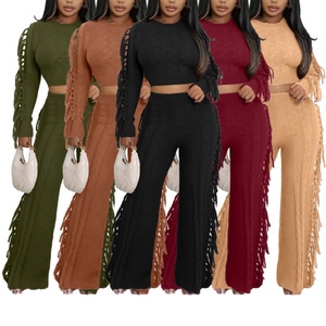 Nouvel ensemble 2 pièces pour femme, pull en tricot uni à manches longues et col rond, pantalon à franges, automne/hiver, tendance - Product Image 6