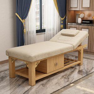 Table de massage en bois massif, lit de thérapie rembourré beige, banc de traitement rembourré pour salon de beauté, spa, clinique - Product Image 4