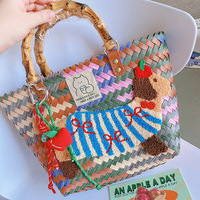 Sac fourre-tout vintage rayé en nylon tressé avec pendentif chien, pour femme
