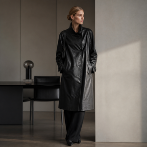 Jas Trench Kulit Imitasi Lengan Panjang Hitam Wanita Elegan untuk Pakaian Luar Sehari-hari - Product Image 1