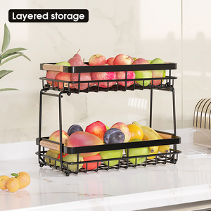 Cesta de frutas de 2 niveles, soporte de metal para frutas, carrito de almacenamiento para cocina, organizador de verduras con asa de bambú, estante para encimera - Product Image 3