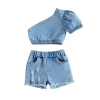 Ivy40756A Groothandel Zomer 2 Stuks Denim Koreaanse Stijl Crop Tops Outfit Voor Kinderen Meisjes