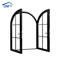Puerta Francesa Exterior de Doble Vidrio Templado con Marco de Aluminio Arqueado y Diseño de Hierro, con Rejilla y Cerradura Digital