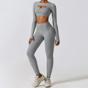 Fabbrica direttamente vendita maniche lunghe Crop Top 3 pezzi allenamento Yoga set confortevole palestra Fitness set Quick Dry Sport abbigliamento <span class=keywords><strong>donna</strong></span> - Product Image 5