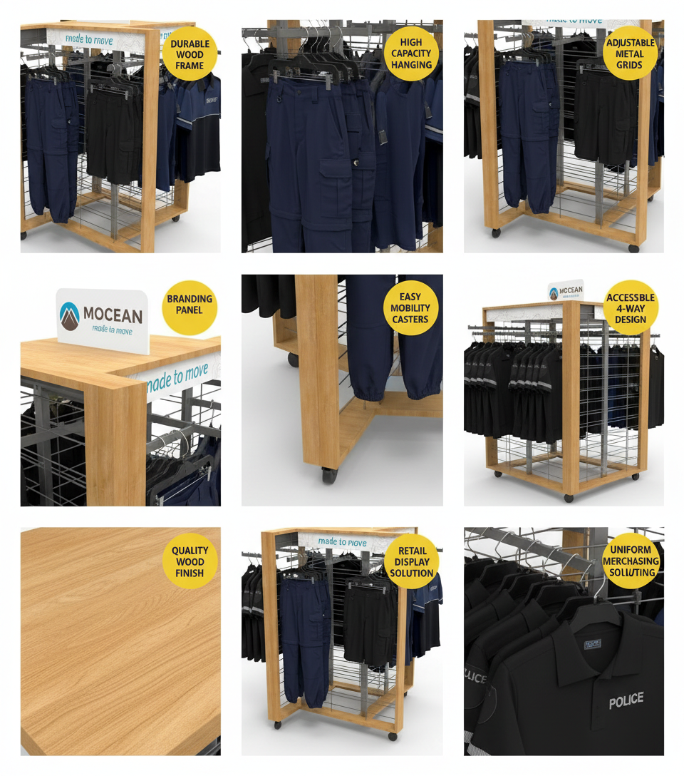 Custom 4-side Wood Wire Dress Rack Clothes Hanger Stand for Wholesale Clothing Rack — view 5