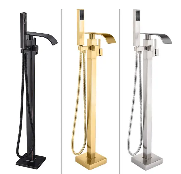 Bathroom Faucet Brass Bathtub Floor Stand Faucets Tap Brushed Gold Mixer Taps 360 Rotation Spout With Handshower Bath Shower Set