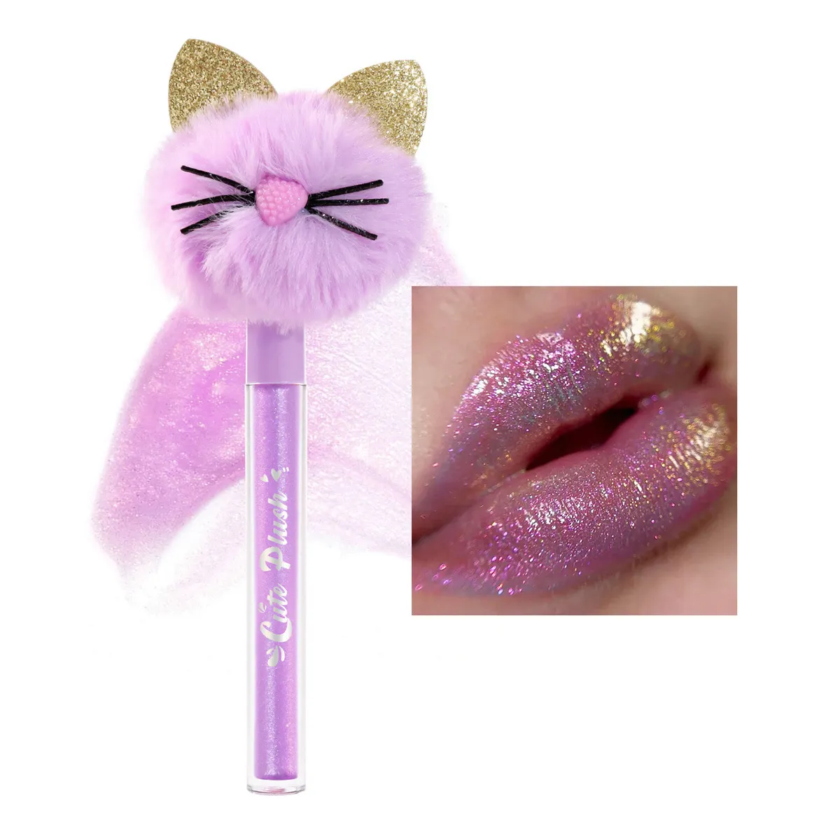 Brillo de labios con sabor hidratante al por mayor de larga duración orgánico con forma de gato, brillo de labios de brillo de diamante rosa brillante de hidratación extrema