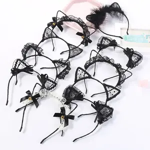 women halloween cosplay black sexy lace cat ears head band cat headband