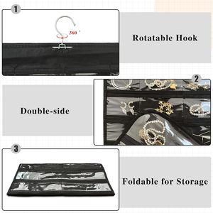 Hanging Jewelry Organizer 80-Pocket Double-Sided <b>Black</b> Foldable Clear PVC Storage For Earring Bangle Bracelet Necklace - Product Image 6