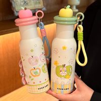 Botella de Agua Aislada al Vacío con Tapa en Forma de Manzana de 500 ml, Vaso de Acero Inoxidable con Estampado de Dibujos Animados, Termo Portátil con Cordón