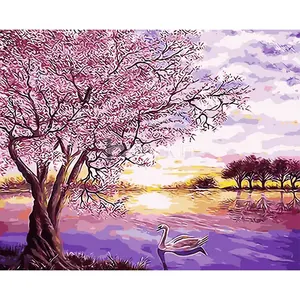 HUACAN Diy Oil Painting By Numbers Tree Ready Frame Sunset Paint By Numbers Landscape Kits For Adults Kids Beginners