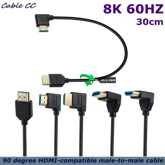 1ft 8K 2.1 Cable, 90 Degree Left Angle Male to Male Adapter, OD 4mm Slim Ultra HD, 8k 60Hz