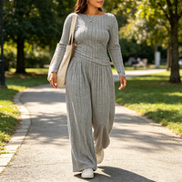 Ensemble deux pièces tendance et élégant pour femmes, haut à manches longues et pantalon large, coupe ajustée, tenue décontractée pour femmes