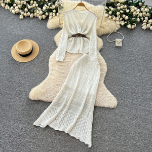 Da donna Set 2 pezzi Cardigan in maglia a maniche lunghe all'uncinetto <span class=keywords><strong>con</strong></span> gonna a due pezzi completo da donna - Product Image 5