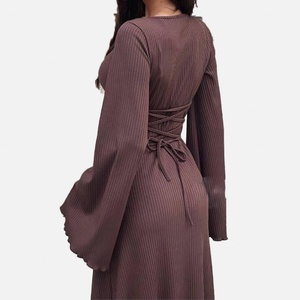 Robe longue maxi pour femme, col carré, manches longues, coupe droite, taille naturelle, avec lien, qualité supérieure, personnalisable OEM, vente en gros - Product Image 5