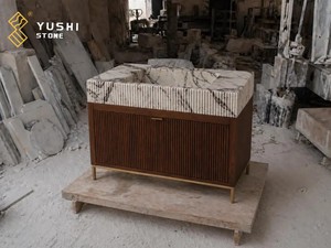 Meuble-lavabo <span class=keywords><strong>de</strong></span> <span class=keywords><strong>salle</strong></span> <span class=keywords><strong>de</strong></span> <span class=keywords><strong>bain</strong></span> YUSHI au <span class=keywords><strong>design</strong></span> <span class=keywords><strong>italien</strong></span> avec plateau en marbre, vasque intégrée et armoire <span class=keywords><strong>de</strong></span> rangement en bois <span class=keywords><strong>de</strong></span> noyer cannelé pour hôtels et villas - Product Image 4