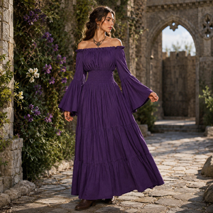 Accessoires de costumes médiévaux, costumes de films, robe longue à manches cloche, taille smockée et à volants pour femmes, pour Halloween, cosplay, LARP - Product Image 5