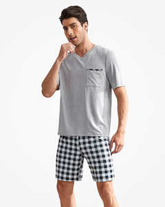 Shorts a quadri e T Shirt a maniche corte morbido Set loungwear con tasche in <span class=keywords><strong>cotone</strong></span> bambù pigiami da notte da <span class=keywords><strong>uomo</strong></span> - Product Image 4