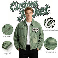 Veste en jean vert délavé sur mesure de haute qualité avec broderie, logo personnalisé, fermeture éclair vintage et imprimé pour homme