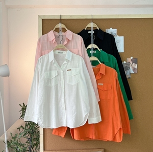 L380 Women's Long-Sleeve Breathable <b>Linen</b> Shirt with Two Trendy Patch Pockets Casual <b>Top</b> with Pockets Spring Summer Wear - Product Image 1