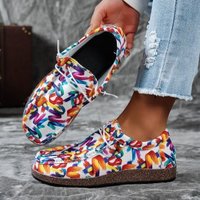 Mocassins décontractés confortables à lacets avec imprimé graffiti antidérapant pour femmes, chaussures de marche légères à talon moyen