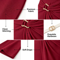 Robe moulante rouge bordeaux à manches courtes pour femme, col rond, boucle métallique, taille torsadée, ourlet asymétrique, robe crayon