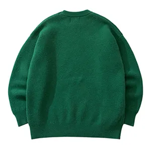 OEM Custom Make 12GG Strick pullover mit Rundhals ausschnitt Grüne Kaschmir buchstaben Chenille Stickerei Jacquard Winter pullover für Männer