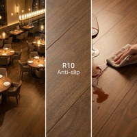 Plancher R10 antidérapant en noyer foncé - Plancher multicouche à lames individuelles antibactérien pour restaurants, salles à manger et parcs extérieurs