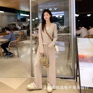 Conjunto de Dos Piezas de Punto para Mujer, Cuello Redondo, Manga Larga, Pantalones Largos, Color Sólido, Estilo Casual, para Otoño - Product Image 4