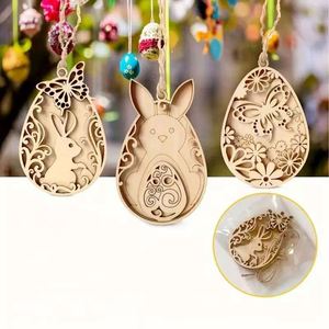 Factory Easter <b>Wooden</b> Pendant Children's Graffiti Multi-Layered Bunny Egg <b>Slices</b> for Creative Home Hanging Easter Decorations - Product Image 2