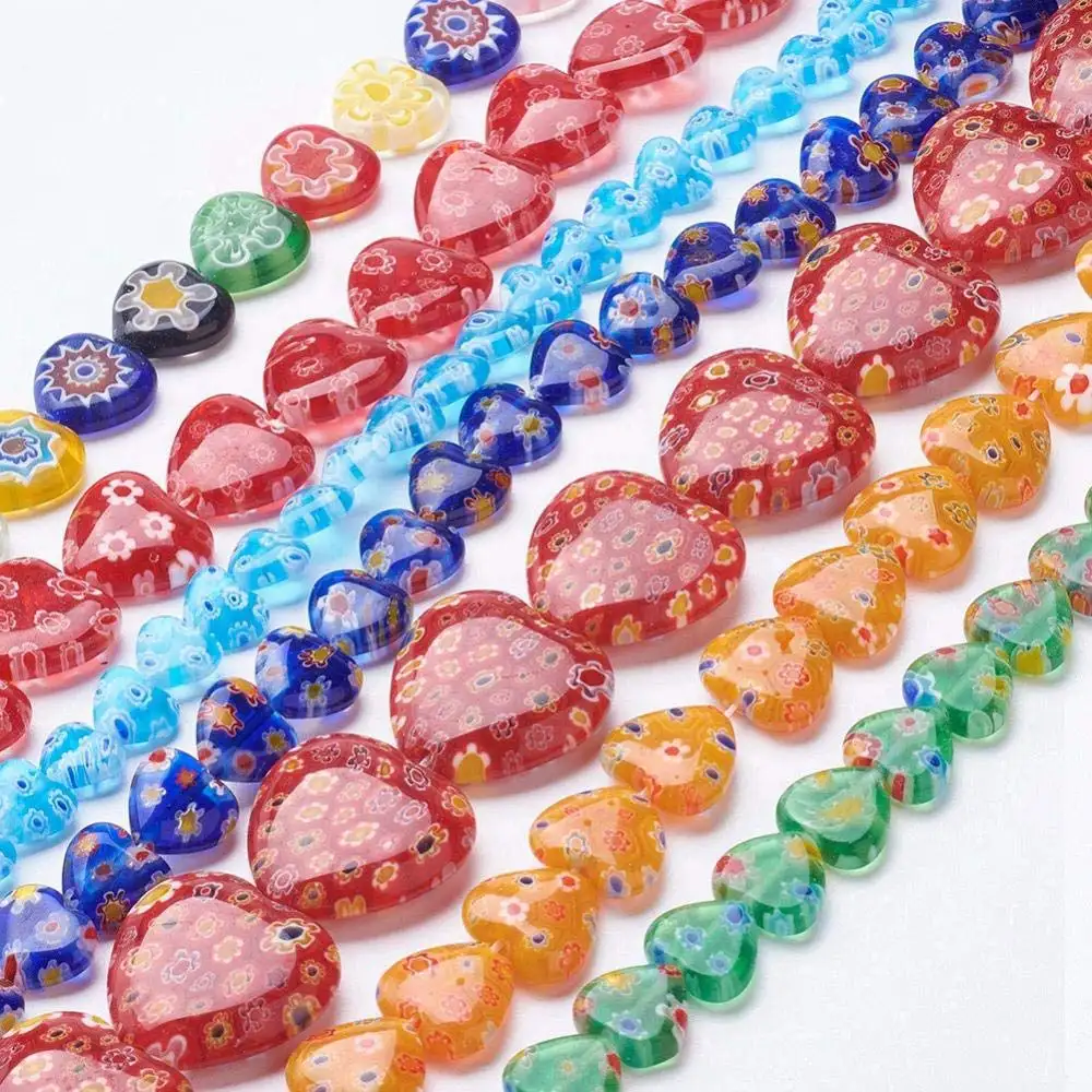 Handmade millefiori Glass Beads, Hearts, Mixed Colors