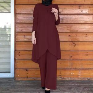 Muslim Islamic Clothing Elegant Abaya Solid Color Round Neck Midi <b>Dress</b> Pants Casual Loose Solid Color Two-Piece Abaya Suit Set - Product Image 2