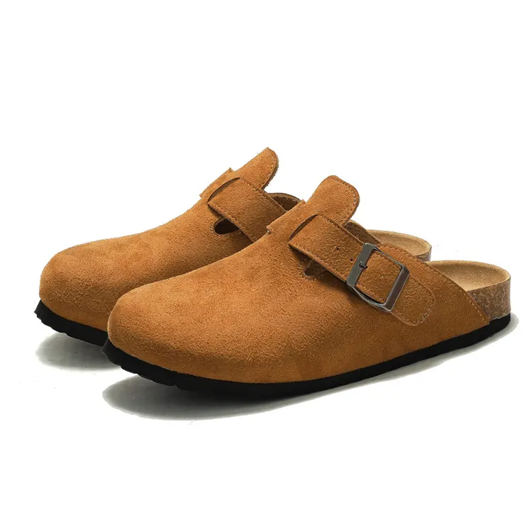 Custom Unisex Zacht Suède Veganistisch Leer Klompen Kurk Antislip Zool Muiltjes Verstelbare Gesp Birken Slippers