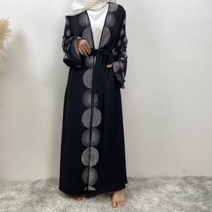 1423#B Modest Luxury Silver <b>Sequin</b> Black Open Abaya with Side Pockets Spring Fashion Long Coat for Important Occasions - Product Image 3