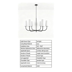Lustre design ferme moderne à 6 lumières, grand modèle en fer noir et tissu, pour cuisine, salle à manger et salon - Product Image 6