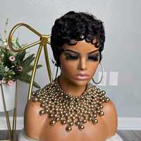 Perruque brésilienne naturelle vierge courte coupe pixie ondulée super double drawn en cheveux humains avec dentelle frontale 13x4 pour femme